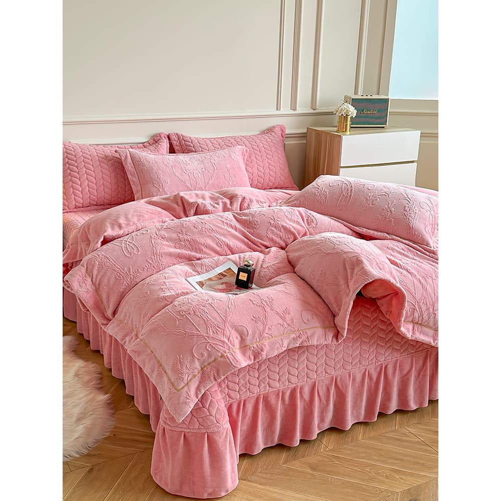 Velo esculpido leite velo conjunto de quatro peças inverno engrossado acolchoado capa de cama estilo flanela Coral velo