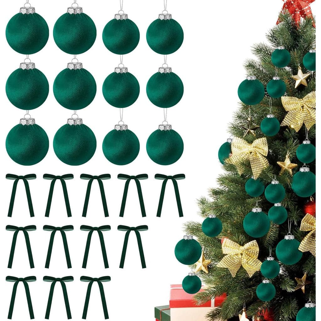 24 Peças de Enfeites de Natal em Veludo Verde, Incluindo 6 Bolas de Natal de 2,4 polegadas e 6 Bolas de Natal de 3,15 po