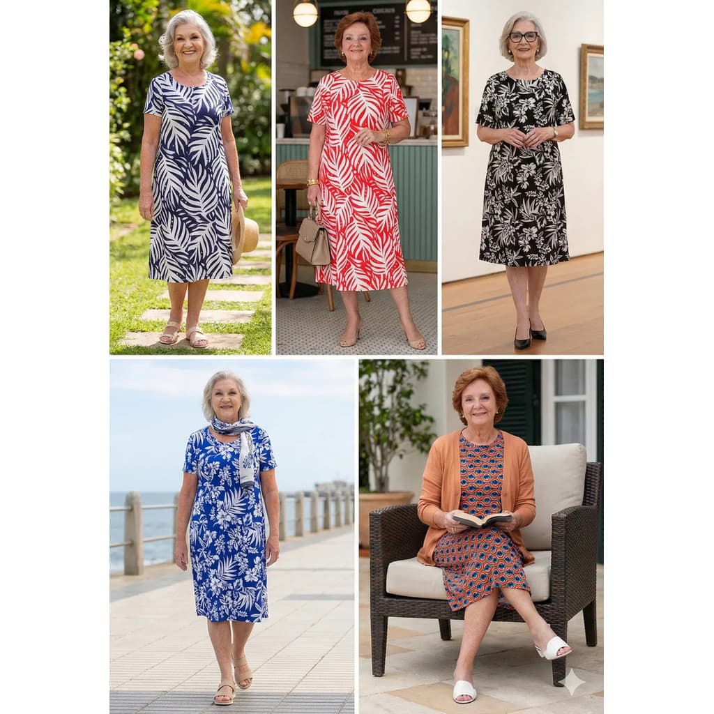 Kit 5 Vestidos De Senhora Estampado Malha Fria Liganete