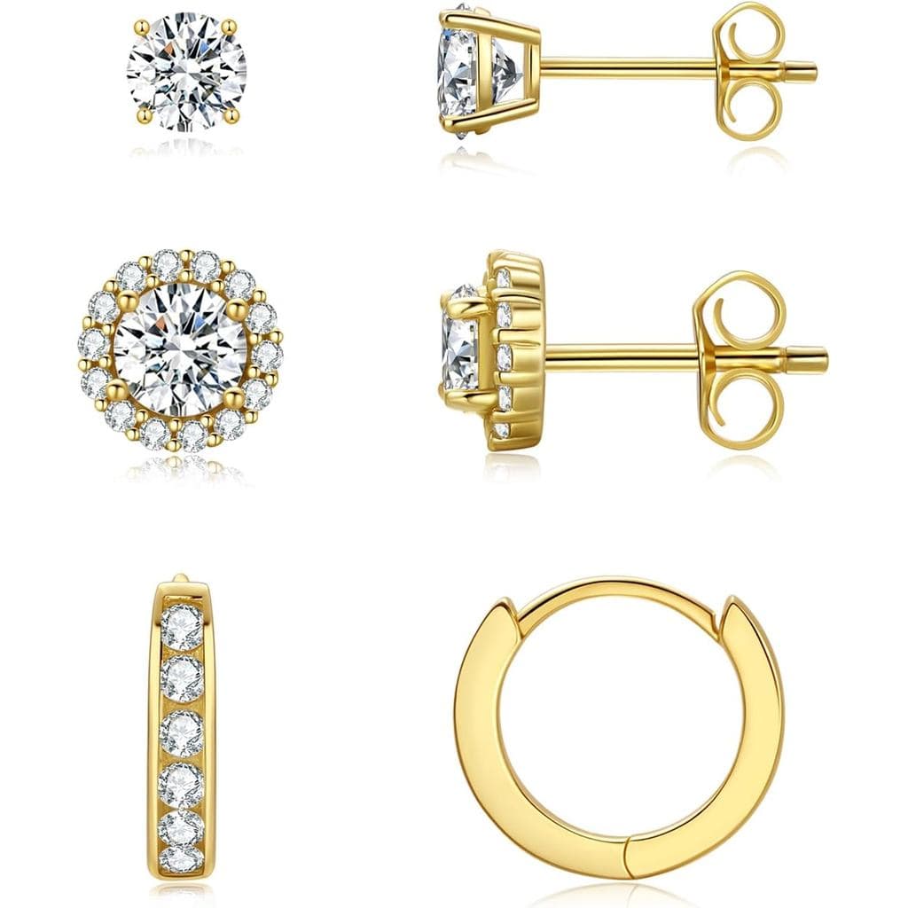 Conjunto de 3 Pares de Brincos Banhados a Ouro 14K para Mulheres, Brincos Redondos de Zircônia Cúbica e Argolas Huggie,
