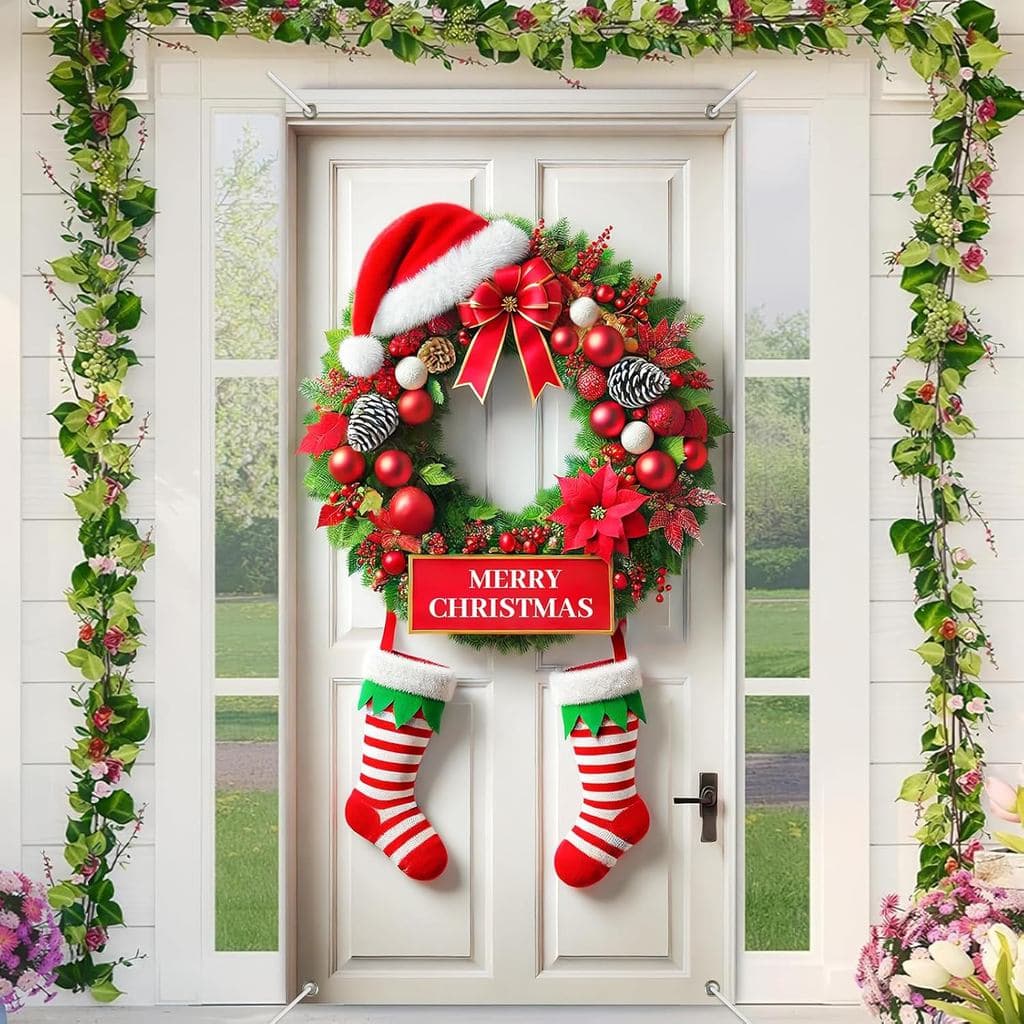 Christmas Door Cover 71x35 Inch Holiday Front Door Banner with Santa Hat Poinsettia Pinecones Stockings Ornaments Festiv