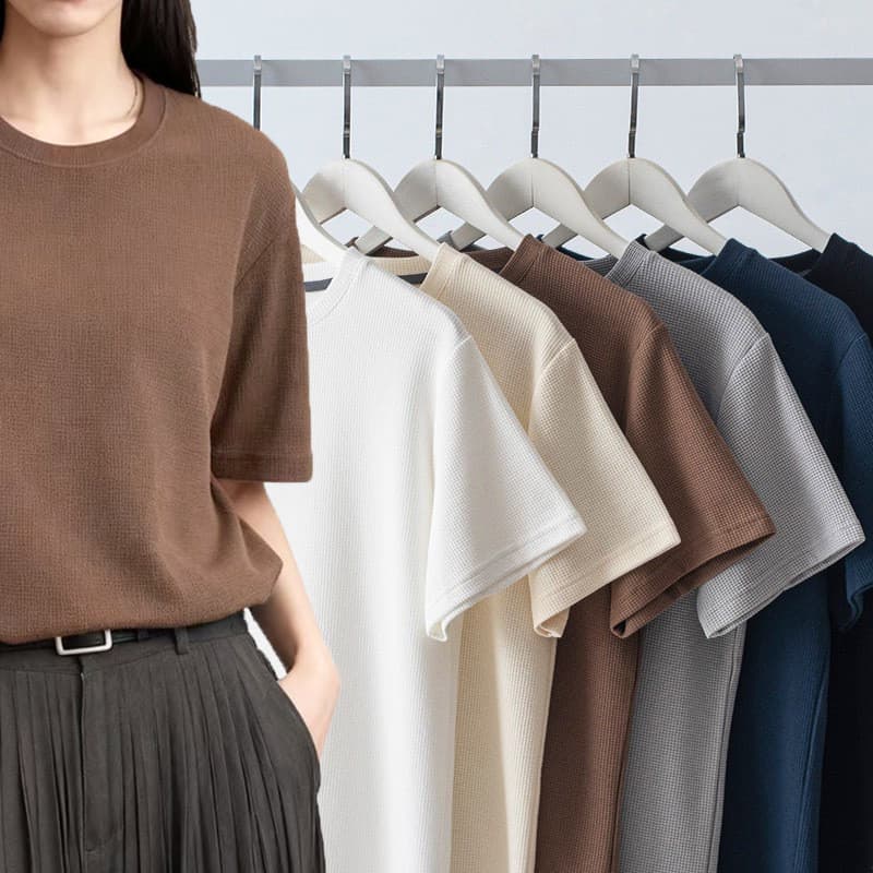 Camiseta feminina de manga curta com gola redonda, estilo coreano, verão solto, novo estilo, cor sólida, camisa de fundo