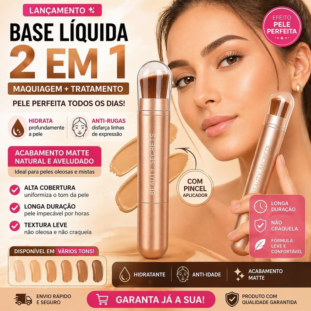 Base Líquida Matte Alta Cobertura 2 em 1 Beauty Secrets Hidratante Anti Rugas Longa Duração Pro Max!