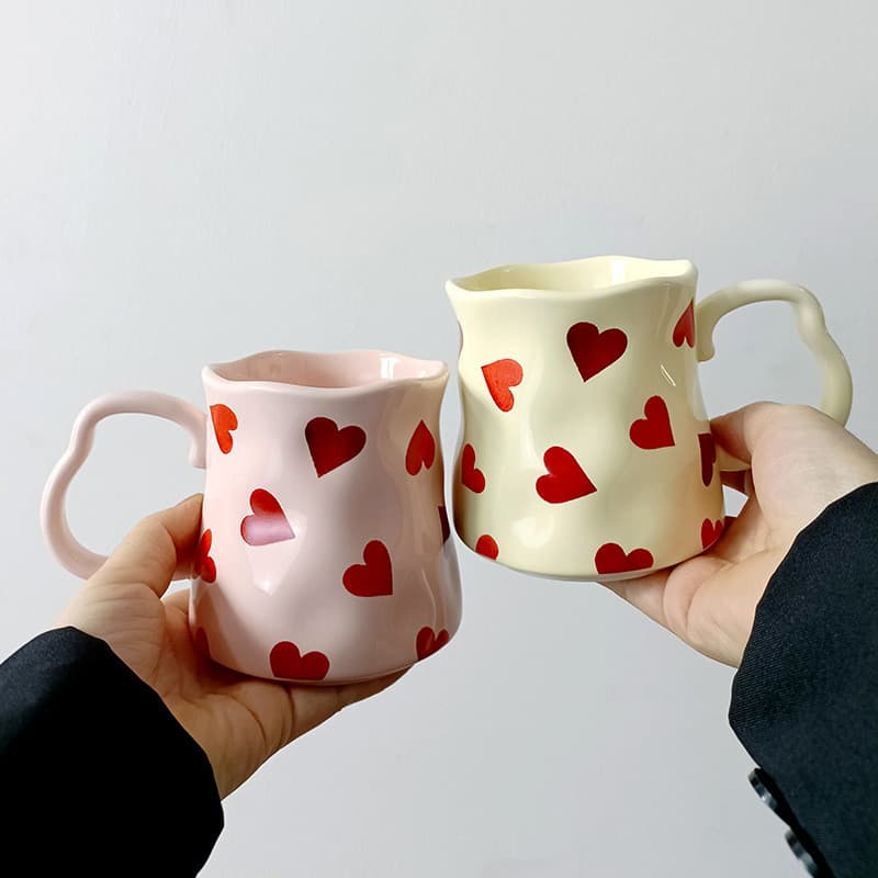 Copo de cerâmica pintado à mão, estilo creme, morango, coração, fofo, caneca de alto valor, casal doméstico, xícara de c