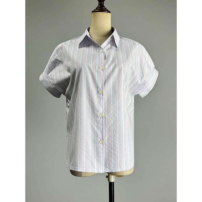 Camisa listrada branca de manga curta feminina 2026 novo estilo francês Retro All-Match manga Raglan reta mais magro olh