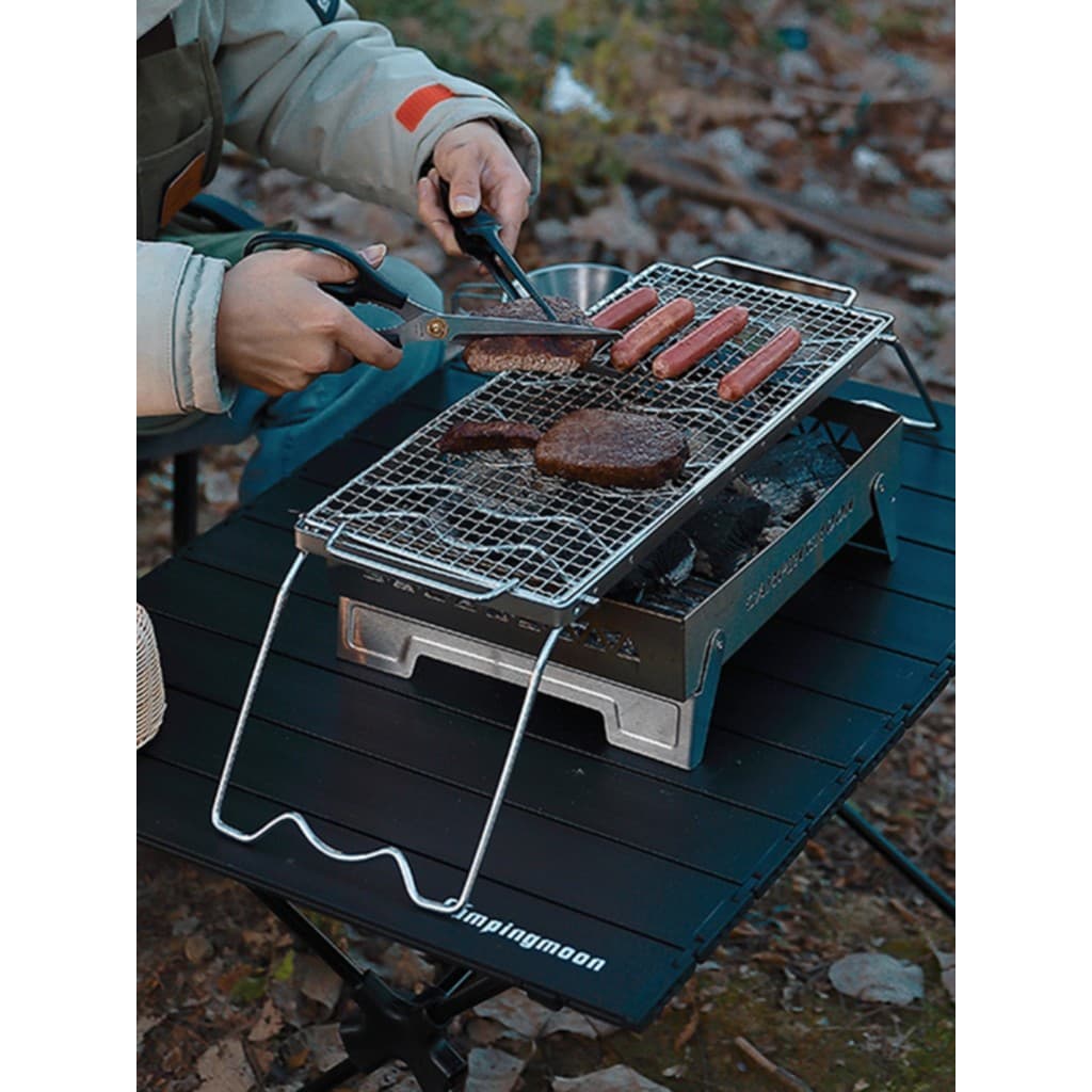 Koman fogão ao ar livre suporte à prova de vento auto-condução acampamento aço inoxidável dobrável churrasco rack piquen