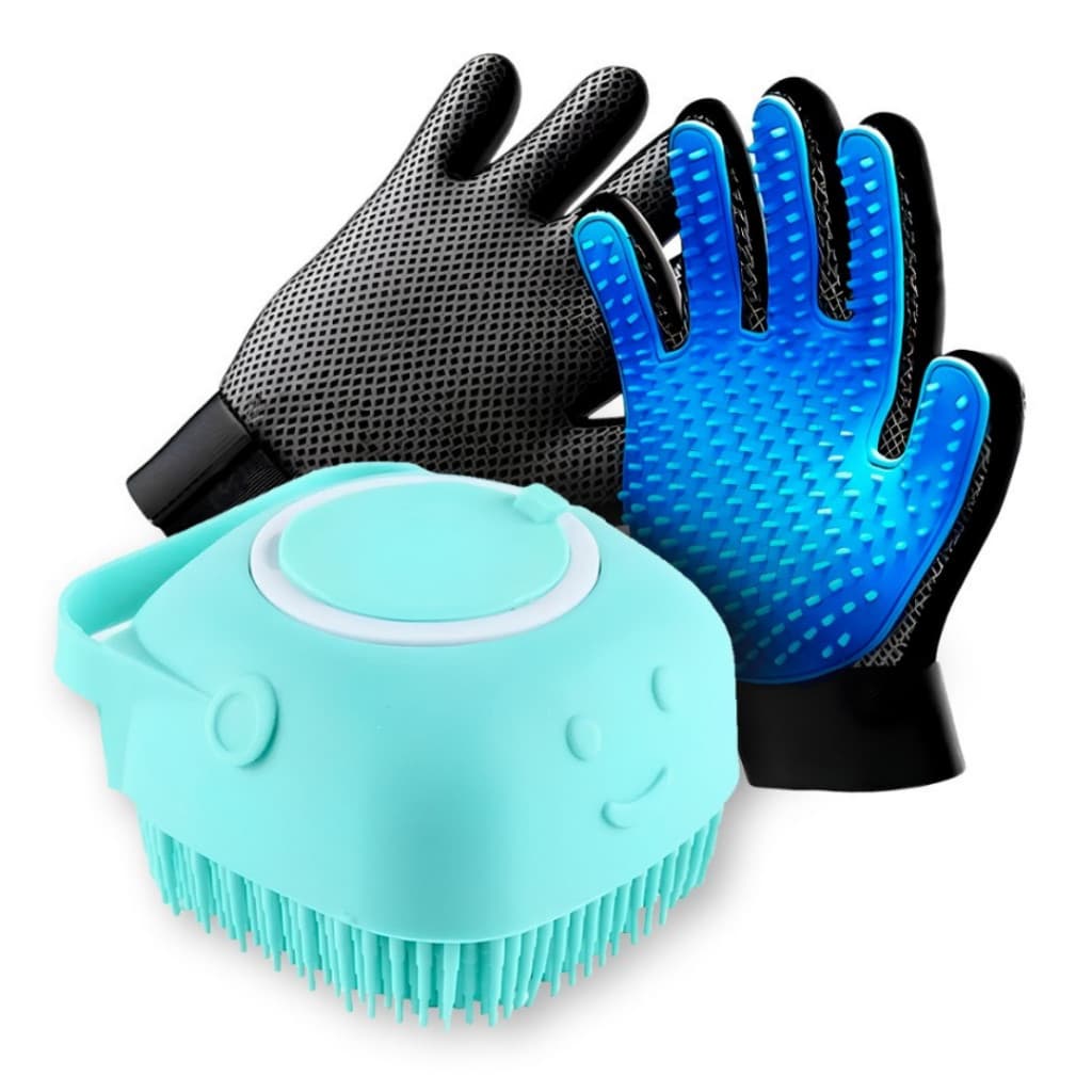 Kit Cuidados Pet Luva Tira Pelos Nano + Escova lava Pet Silicone Dispenser Cachorro Gato Higiente