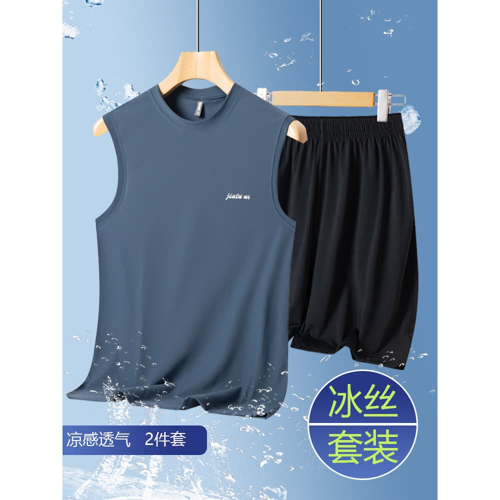 Terno sem mangas de seda gelo masculino de meia-idade idosos verão Shorts esportivos colete solto pai verão terno de dua