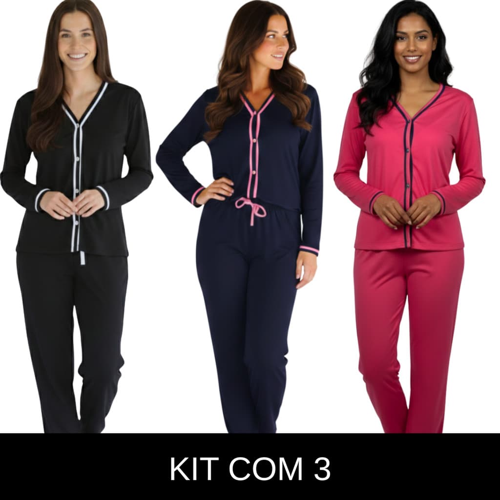 Kit 3 Pijama Blogueirinha Longo | Pijama Americano com Botões Ideal no Pós-Cirúrgico