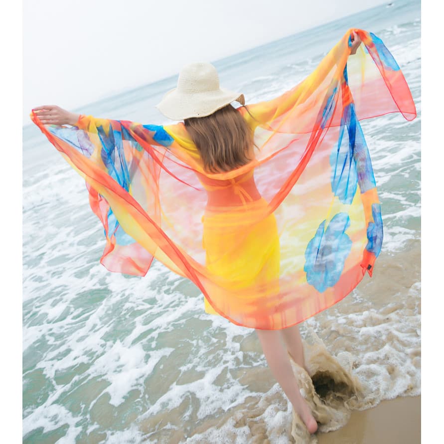 2026 nova versão coreana feminina textura de seda Real lenço de seda longo Oversized beira-mar praia cachecol gaze cache
