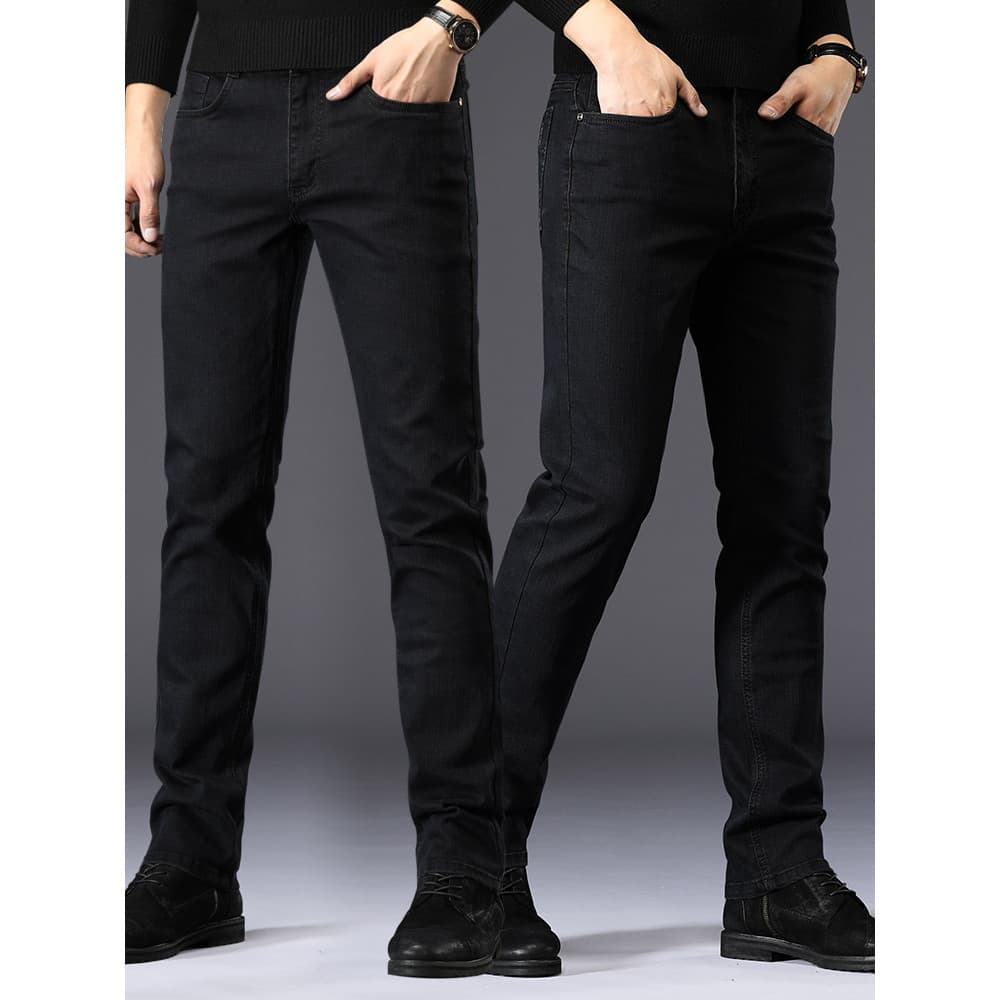 Calças de brim pretas masculinas magro-ajuste em linha reta puro preto calças masculinas mais magro olhar calças altas e