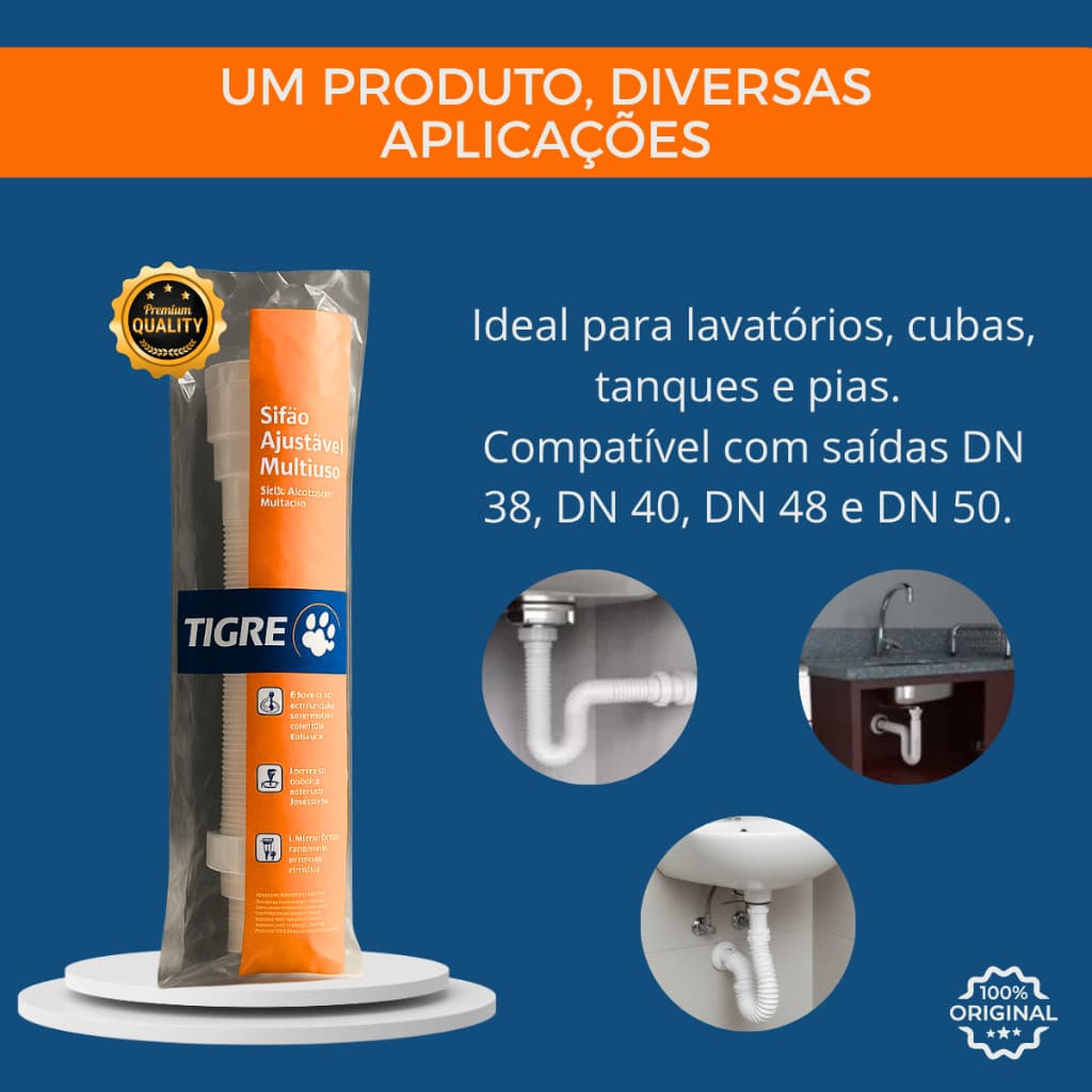 Sifão Ajustável Multiuso Tigre Original Branco Flexível para Pia e Lavatório