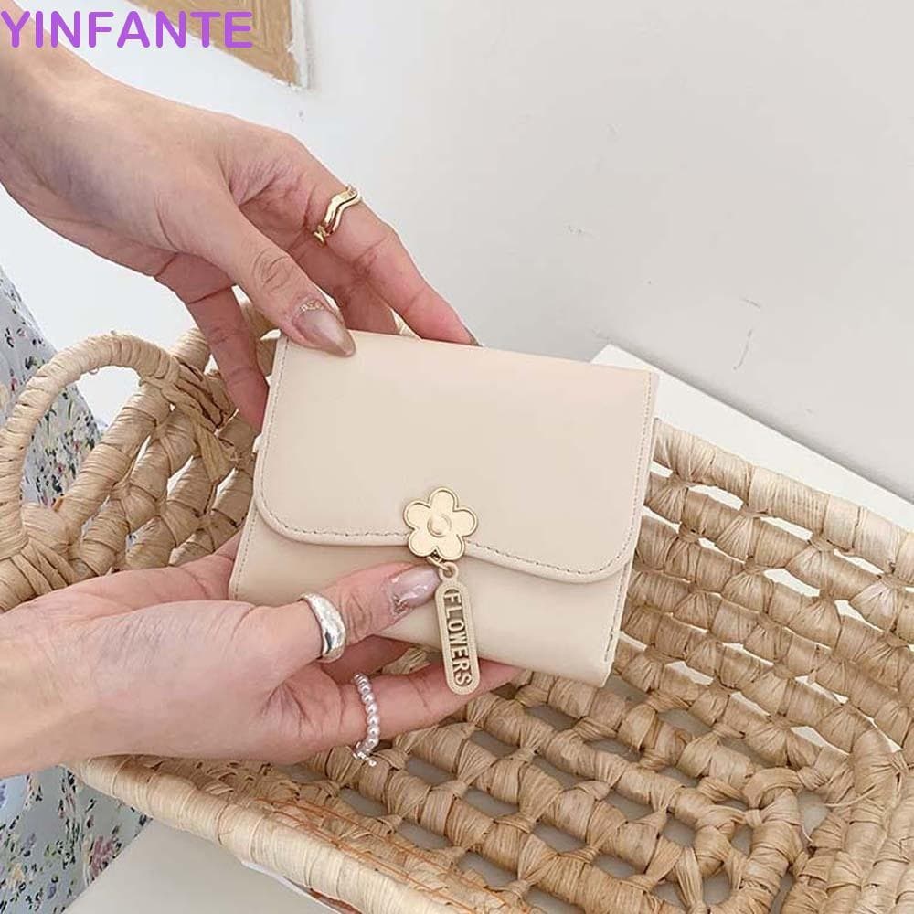 Bolsa De Couro Curta YINFANTEWN , Carteira Portátil De Cor Doce , Para Cartão Múltiplo E Três Dobras