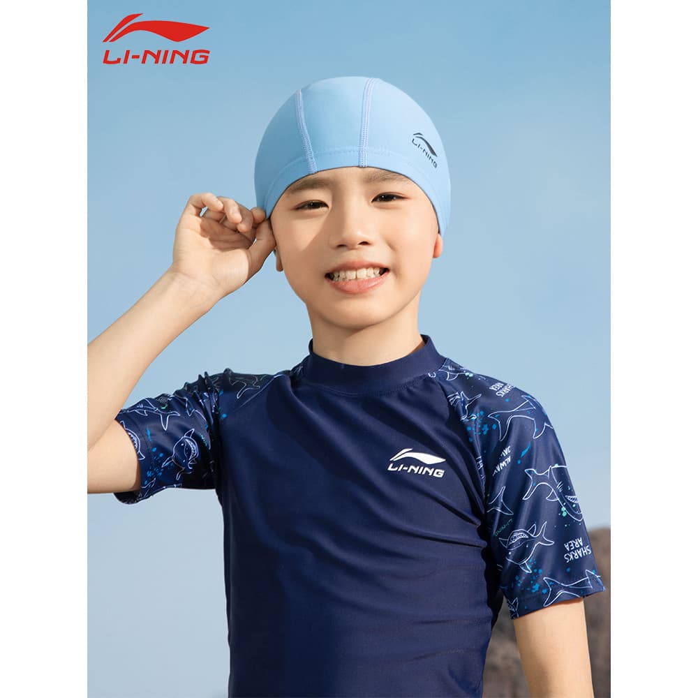 Li Ning touca de natação infantil menino tecido à prova d'água não estrangula a cabeça adolescente tamanho grande bonito