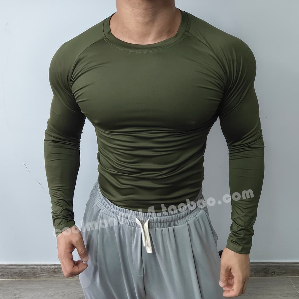 Primavera outono mangas Raglan masculino cor sólida Fitness manga comprida de secagem rápida ferro de alta elasticidade
