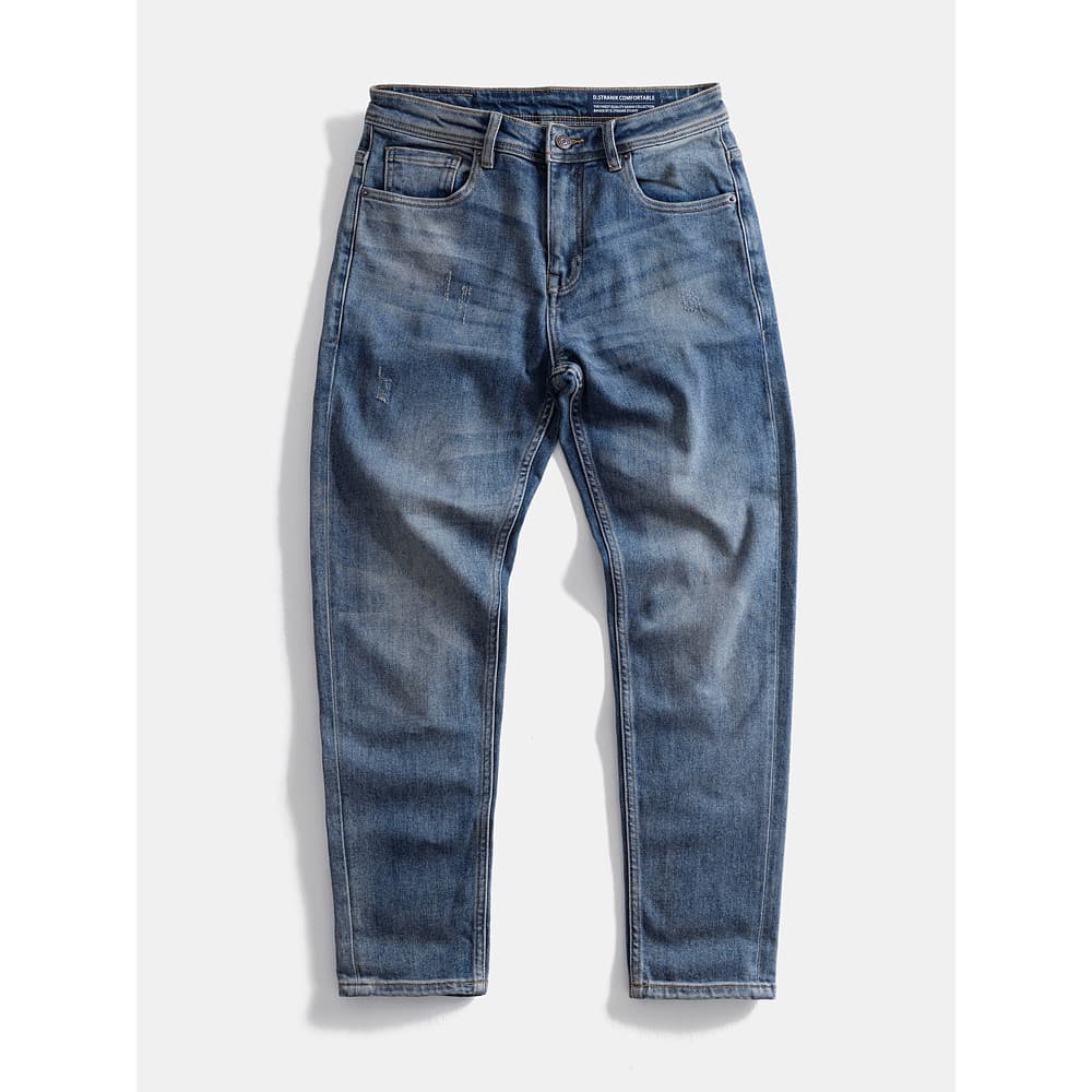 Slim-fit outono Retro areia lavagem Jeans japonês Micro-Stretch pequena reta calças casuais masculinas azul calças compr