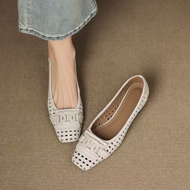 Sapatos femininos 2026 novo estilo tecido dedo do pé quadrado oco salto grosso couro genuíno