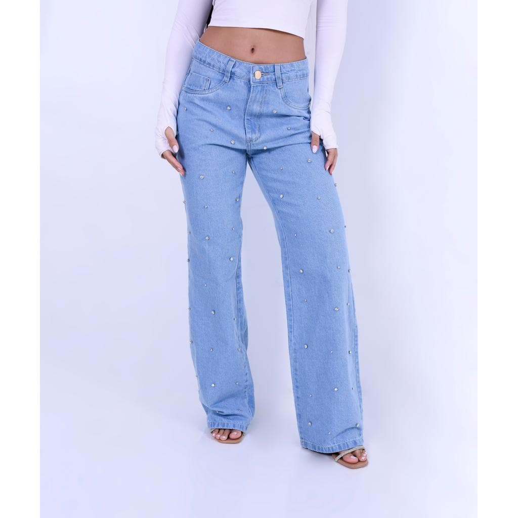 CALÇA JEANS WIDE LEG COM STRASS REBITADO, PONTO DE LUZ DELAVE 100% ALGODAO