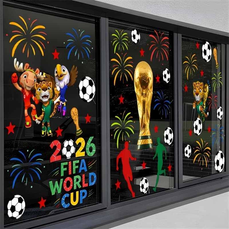3pcs 2026 Adesivos de azulejo da Copa do Mundo de Futebol Internacional Adesivos de vidro Hercules Cup e Mascot Window S