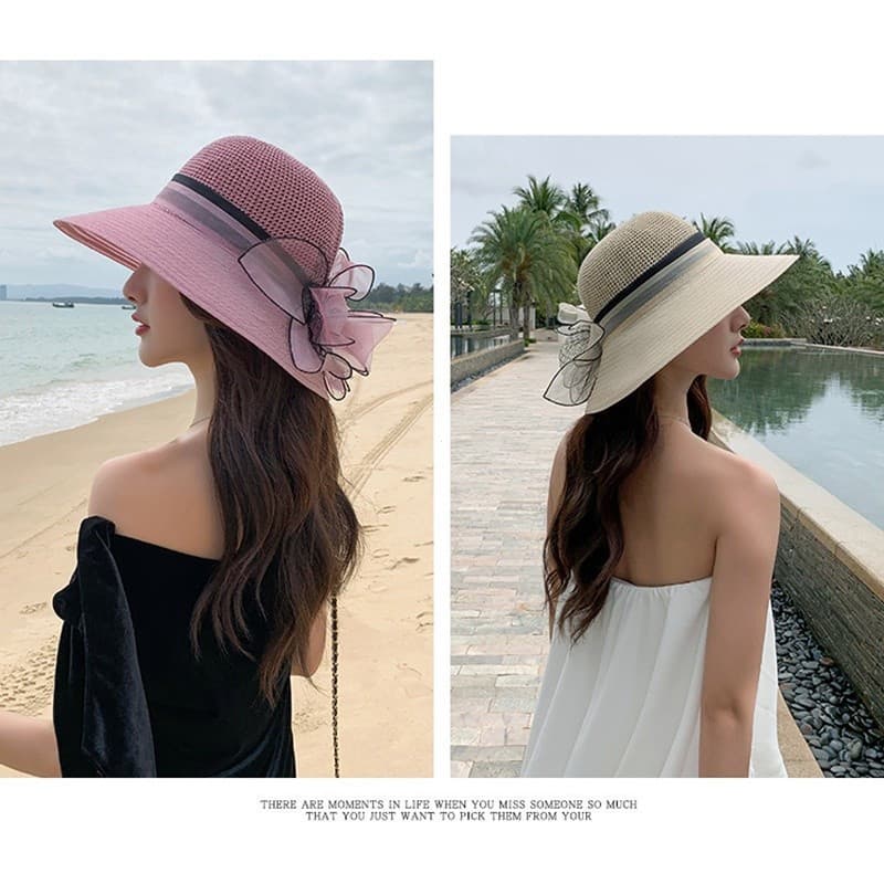 Women Wide Brim Straw Bucket Hat Wedding Mesh Floral Beach Sun Protective Hat  ZTEL