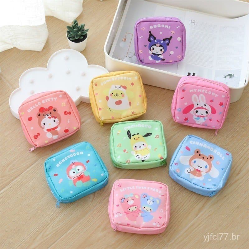Bolsa de Armazenamento Portátil KT Kuromi com Estampa de Desenho Animado, Bolsa com Zíper para Absorventes Higiênicos e