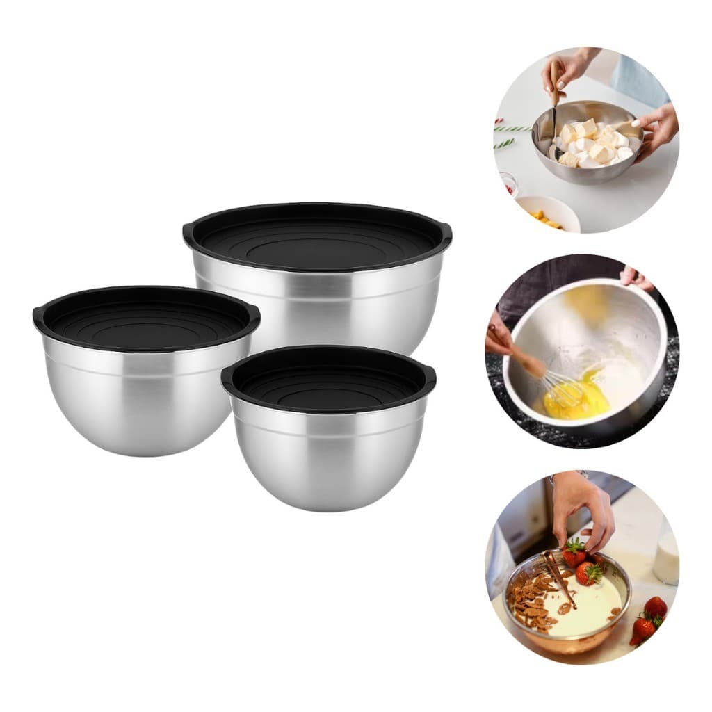 Conjunto 3 Bowls Inox Com Tampa Hermética Kit Tigela De Inox