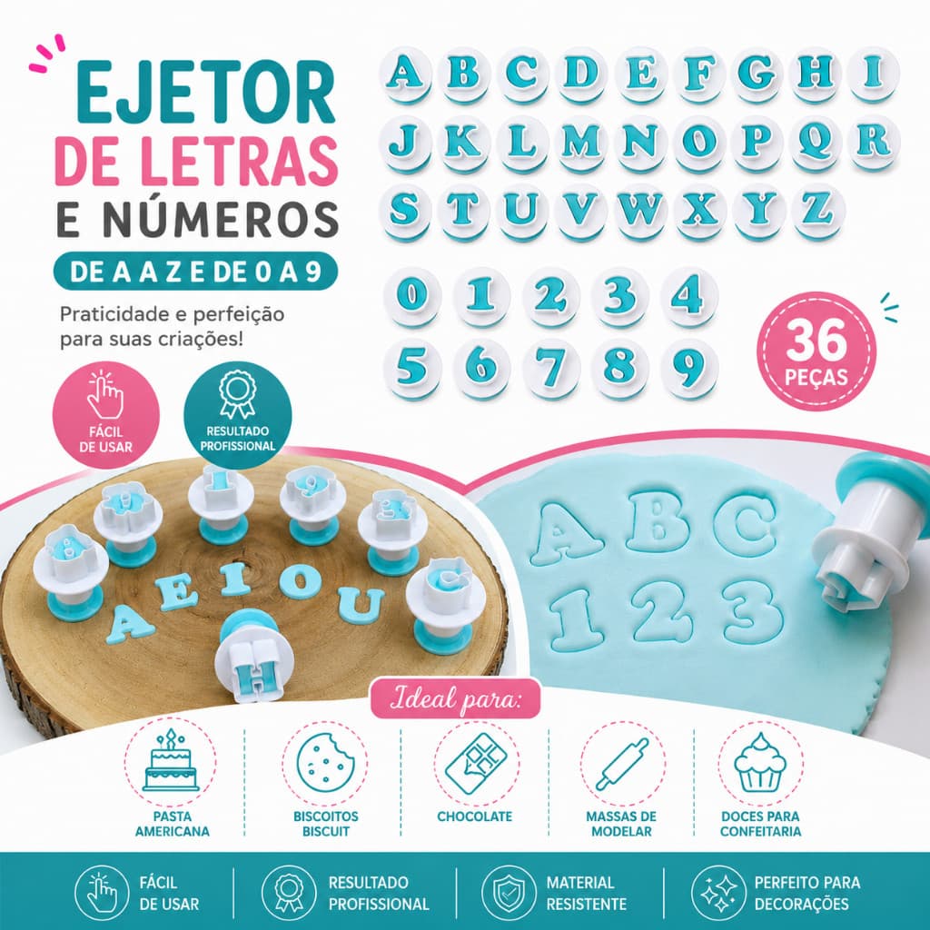 Cortador Ejetor de Letras e Números Alfabeto Para Confeitaria Biscoito Pasta Americana e Artesanato