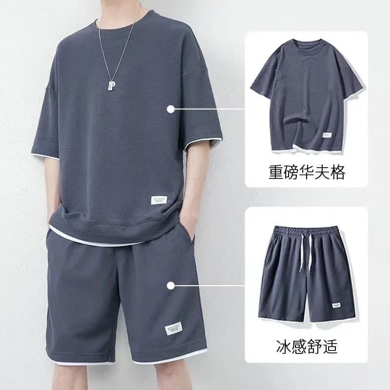 Meninos Plus Size Waffle terno juventude verão Casual esportes Shorts de manga curta camiseta masculino estudantes do en