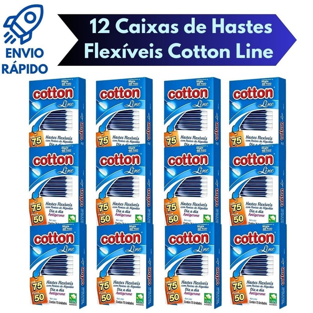 12 Caixas de Hastes Flexíveis Com Pontas De Algodão Cotton Line 75 Unidades Cada