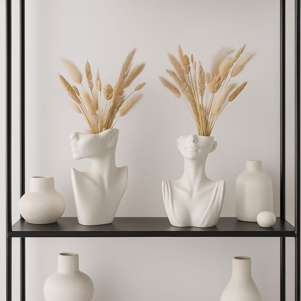 Kit 2 Vasos Decorativos Femininos Branco e Marfim Minimalistas para Estante Frida e Lais