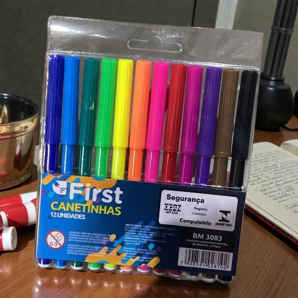 Kit Canetinhas 12 Cores Hidrocor Ponta Fina Escolar Escritório Desenho Colorir Estudo Criativo