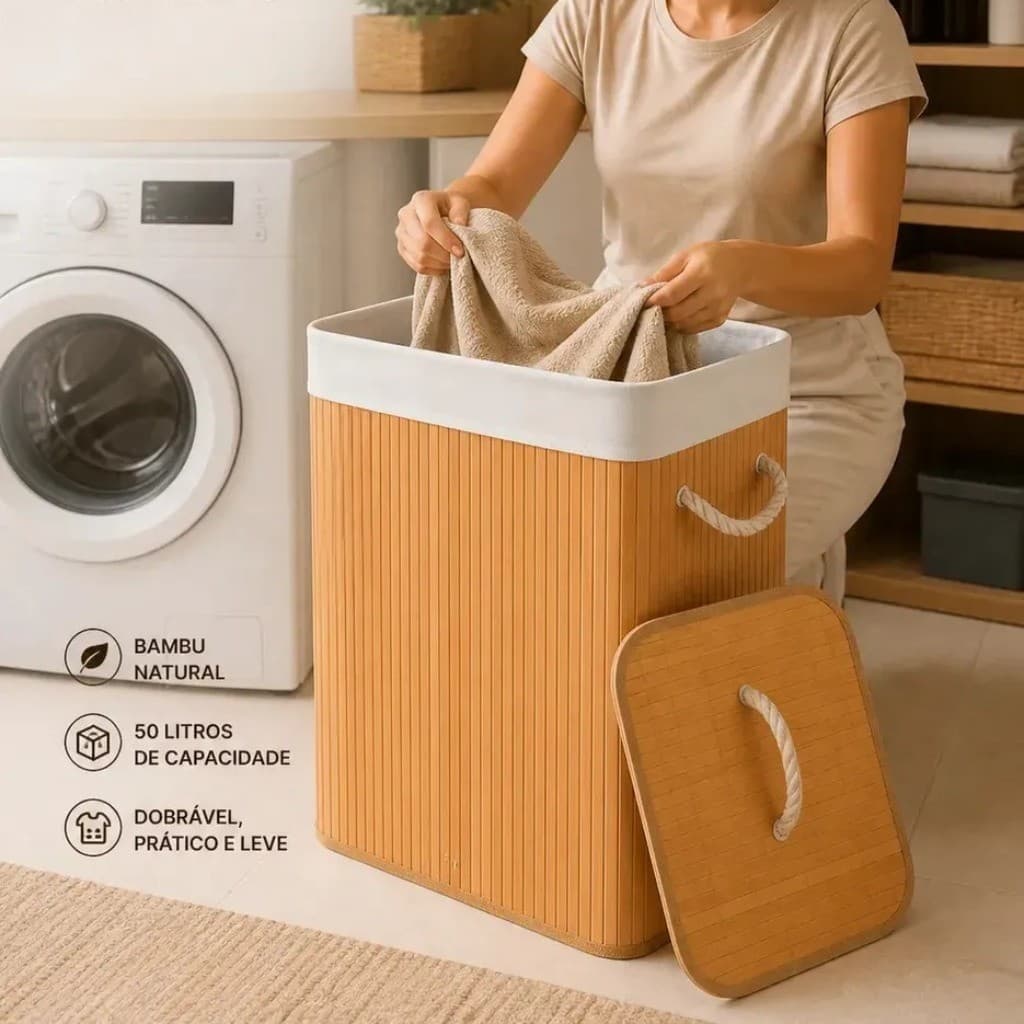 Cesto de roupas de bambu bege com tampa e alça 70 litros estilo liso