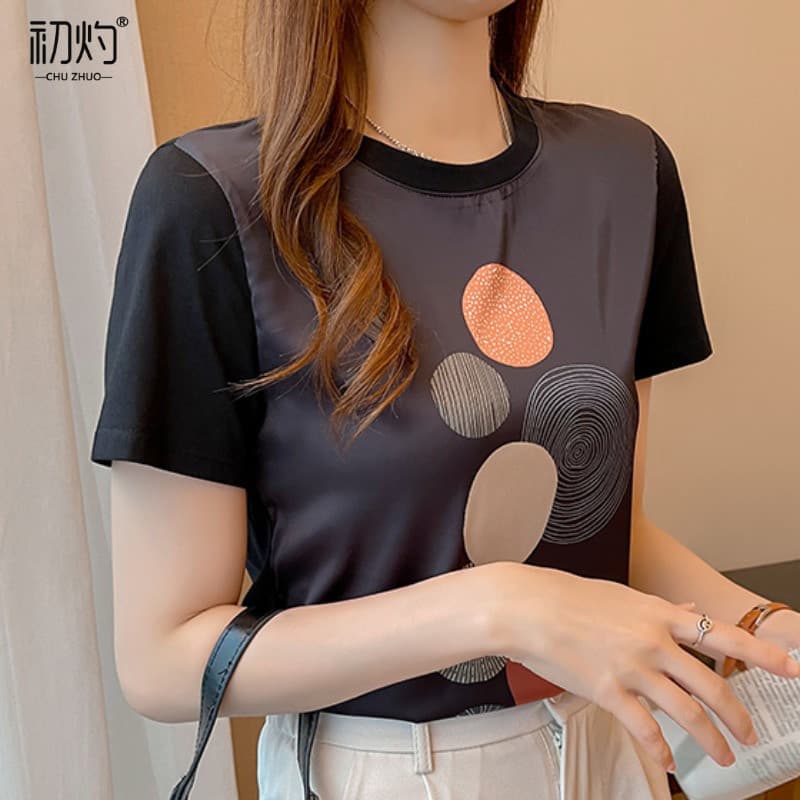 Pulôver em torno do pescoço de manga curta impresso camiseta topo verão novo estilo versão coreana puro algodão solto ma