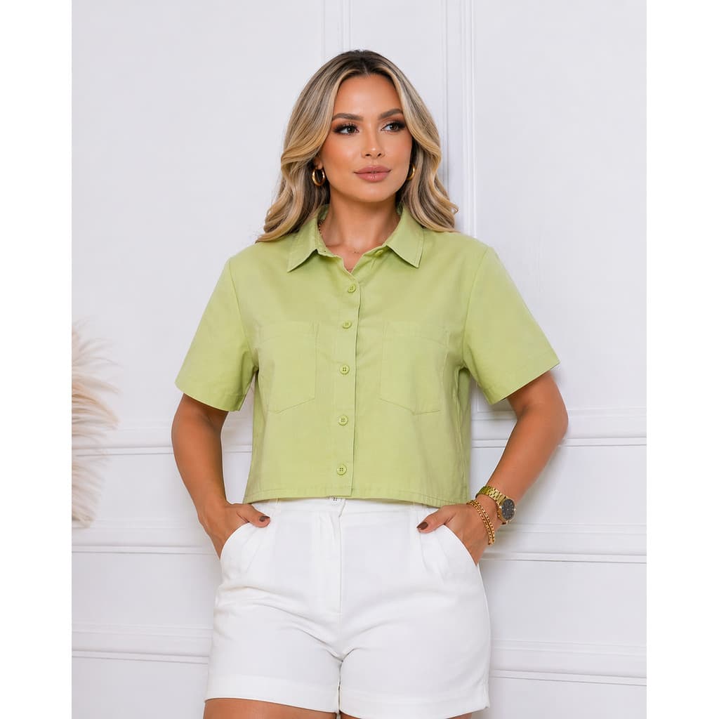 Cropped Camisa Feminina com Bolsos Seda Lisa – Moda Casual Verão Elegante Blusa Camisa Cropped Manga Curta Importado