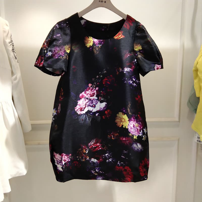 R RMEO Romântico Um Verão Feminino Pintura A Óleo Francesa Vestido Impresso Solto Retro Grande Pescoço Redondo Manga Cur