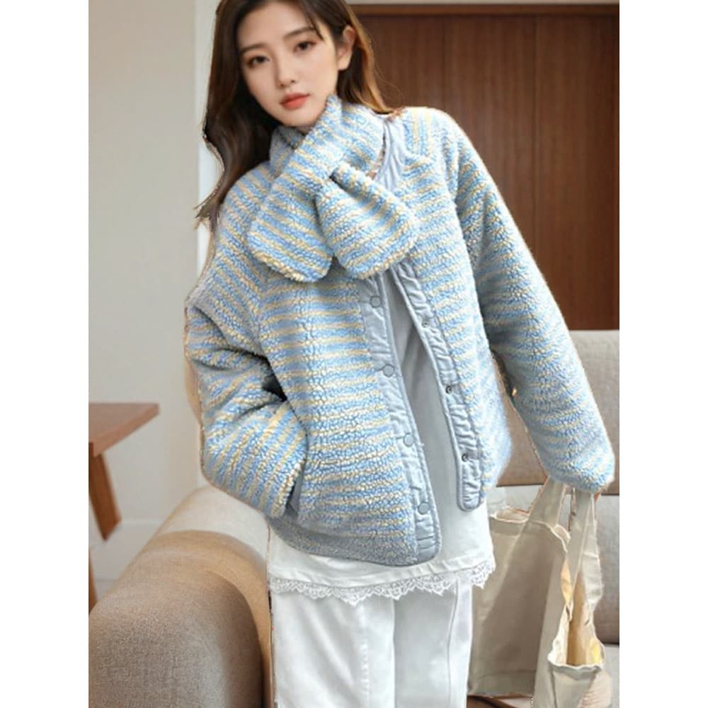 Cachecol listrado cordeiro pelúcia algodão acolchoado jaqueta feminina inverno High-End Super bonito quente engrossado d