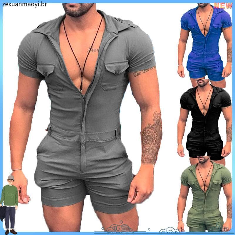 Macacão Curto Masculino Plus Size Cor Lisa De Manga Curta Com Zíper Slim Fit Moda Estilo Para Verão Casual