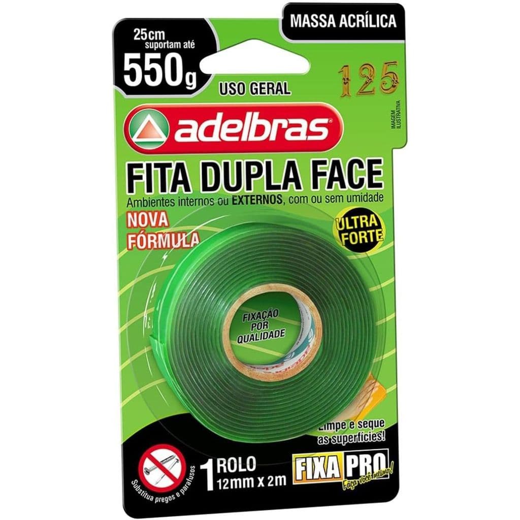 Fita Dupla Face Massa Adesiva Adelbras Forte Sem Furos 12mm