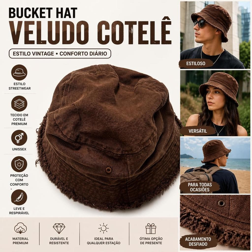 Chapéu Bucket Cotelê Unissex Aba Desfiada Estilo Vintage Streetwear