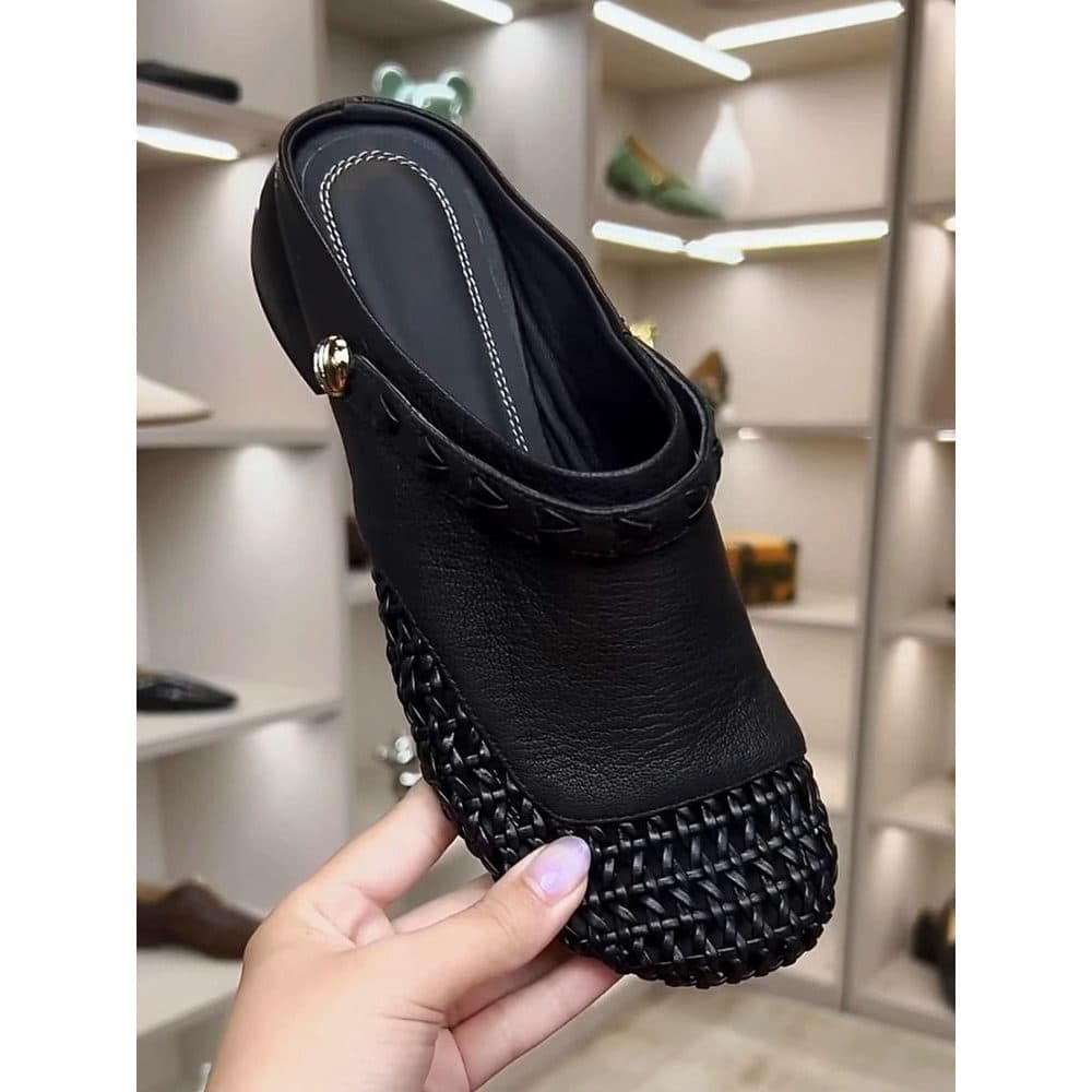 Armário de couro genuíno retrátil verão respirável tecido meia chinelos feminino oco moda exterior usar dedo do pé redon