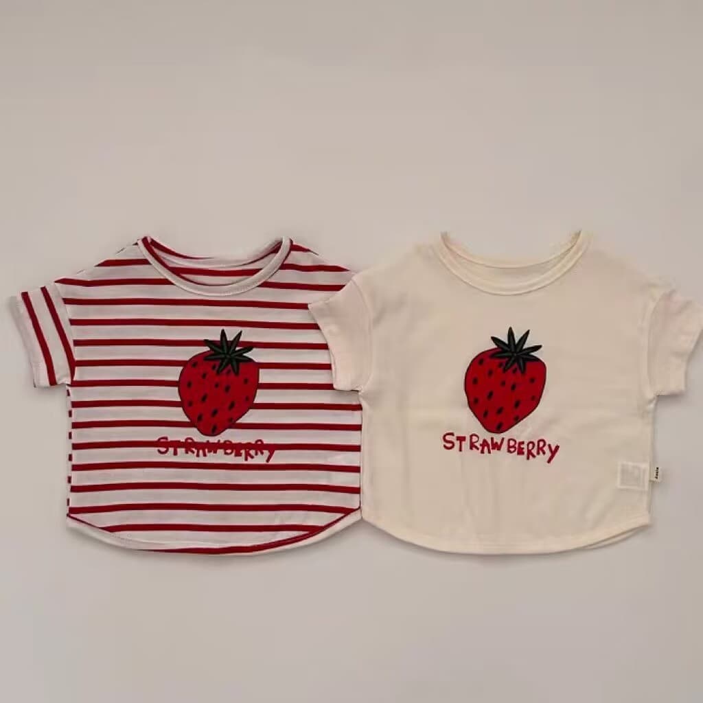 Versão coreana verão bebê menina morango impressão de manga curta camiseta médio pequeno crianças bebê Casual moda topo