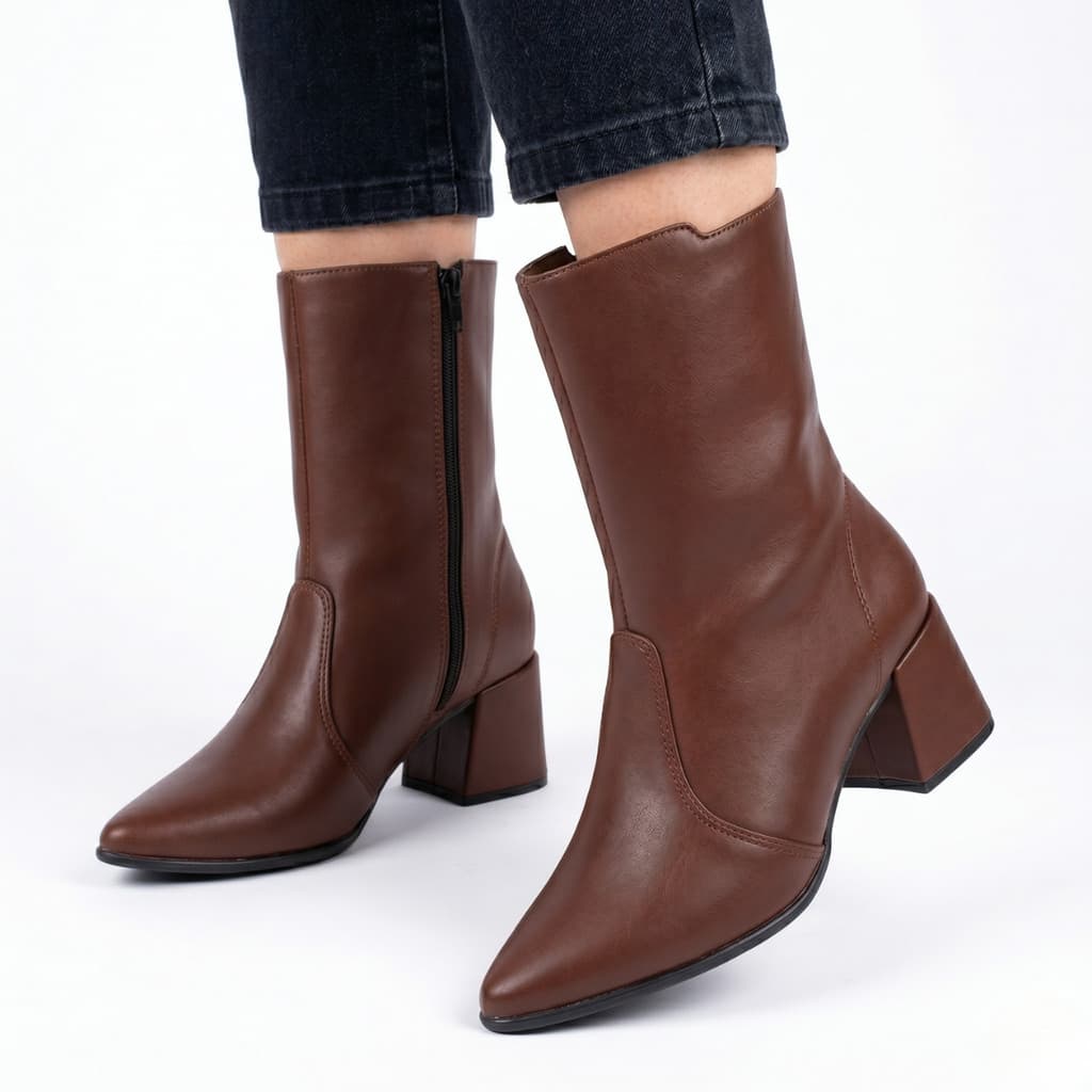 Bota Feminina Cano Médio Macia Salto Médio Bico Fino Moderna Ref 1402