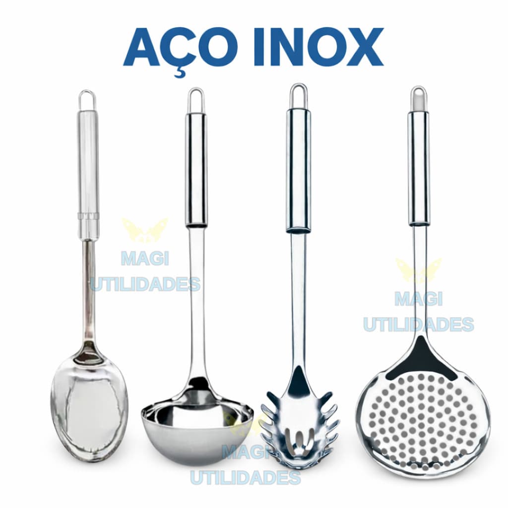 Kit Utensílios de Cozinha Inox 4 Peças Colher Concha Escumadeira e Colher de Macarrão