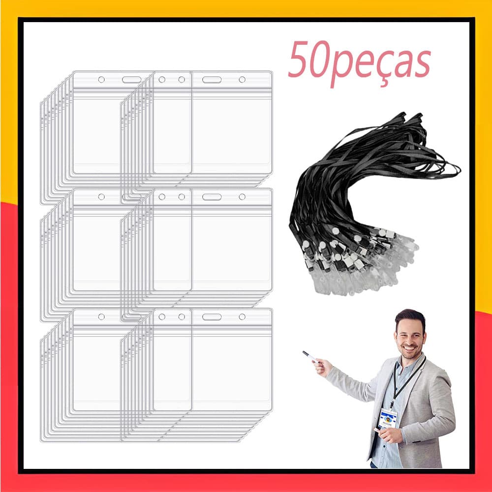 50 porta-crachás horizontais, porta-crachás transparentes
