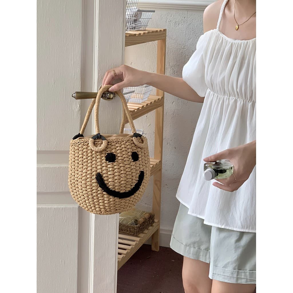 Coreia coreia ins portátil Smiley Face tecido saco verão novo estilo nicho Design férias praia balde saco de palha femin