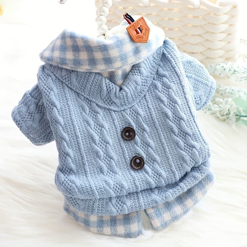 Suéter de Inverno para Cães - Design Macio de Imitação de Duas Peças, com Fecho de Gola Xadrez Branca, Roupa Quente para