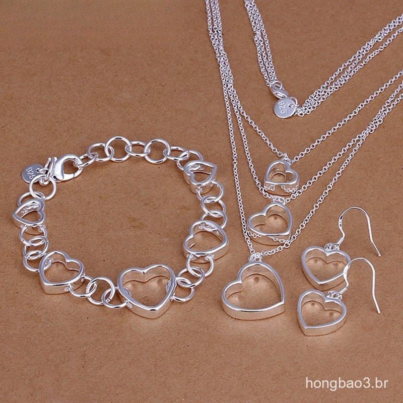 Conjunto de Colar, Pulseira e Brincos em Prata 925 com Coração em Camadas para Joias de Casamento Femininas