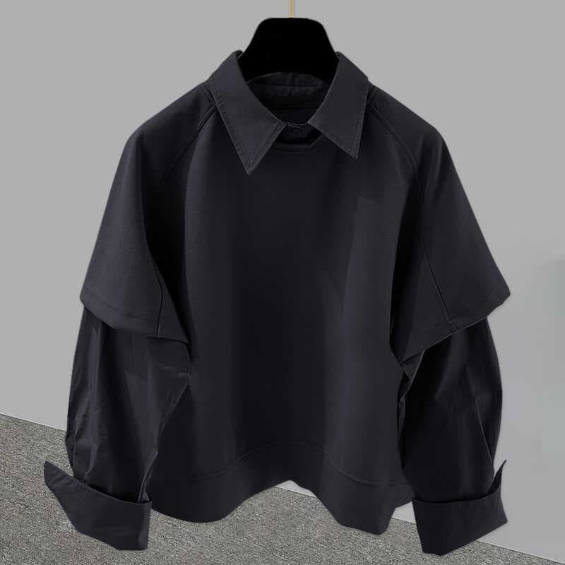 Primavera outono falso costura de duas peças camisa de manga comprida masculina novo estilo moletom versão coreana na mo