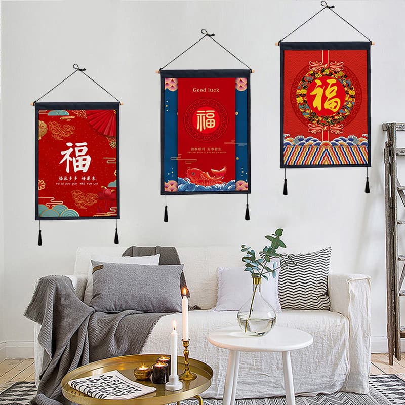 Estilo chinês Fuzi tapeçaria vermelho festivo sofá fundo decoração de parede pintura tecido de linho de algodão grosso f