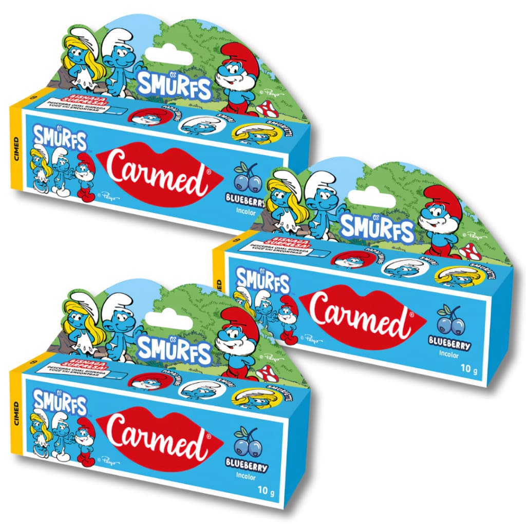 3 Unidades Carmed Smurfs Bisnaga Surpresa Sabor Blueberry Hidratante Labial 10g - CIMED